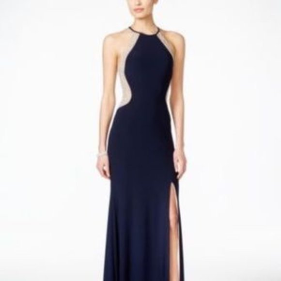 Xscape Dresses & Skirts - Navy Dress With Rhinestone Sheer Back